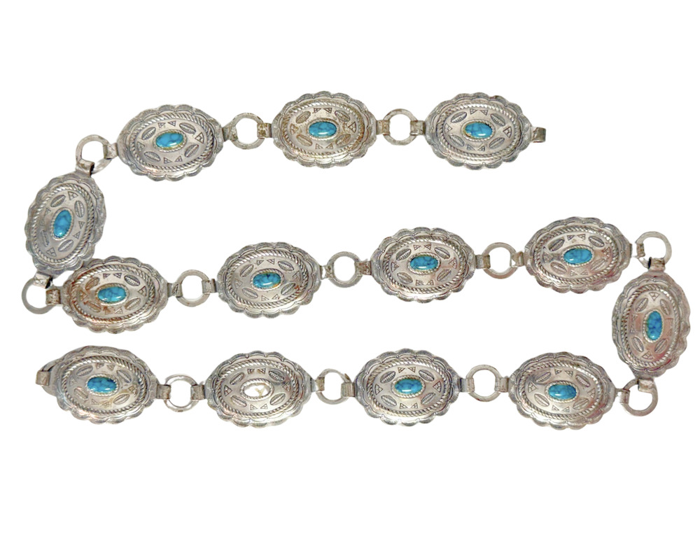 Sancrest Silver Tone Faux Turquoise Southwestern Concho Belt 32"L Vintage 1950s